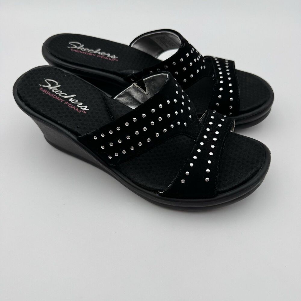 Skechers Women's Rhinestone Cali Rumblers Metal Black Wedge Sandals Size 9